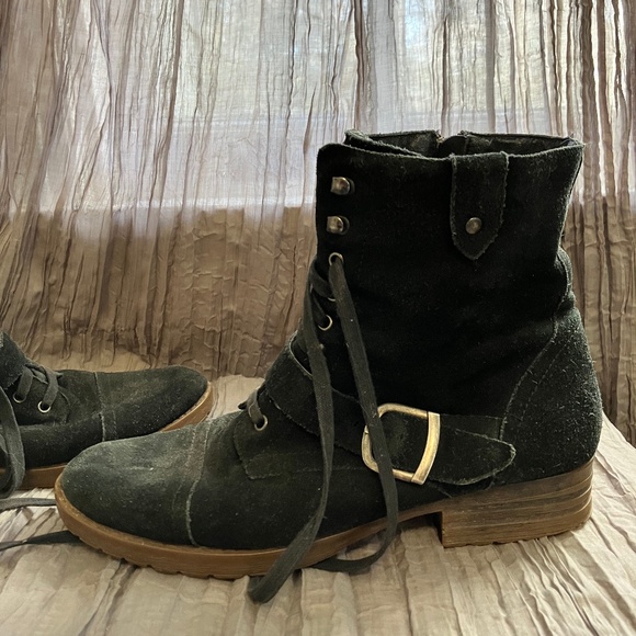 Suede Lace-up Boots with Buckle - Picture 1 of 7